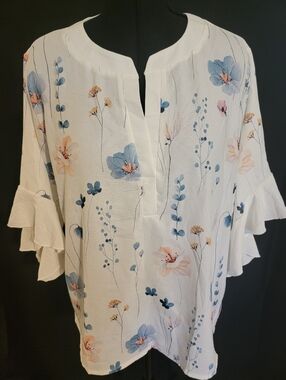 Women’s Floral Ruffle-Sleeve Blouse - White with Blue & Pink Flower Print